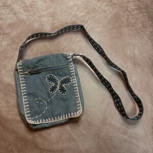 Vintage Y2K Denim Butterfly Embroidered Mini Crossbody Bag Blue Fold Over Purse